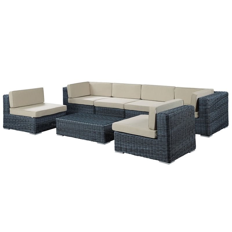 Modway Summon 7-Piece Aluminum and Rattan Patio Sectional Set in Canvas/Beige