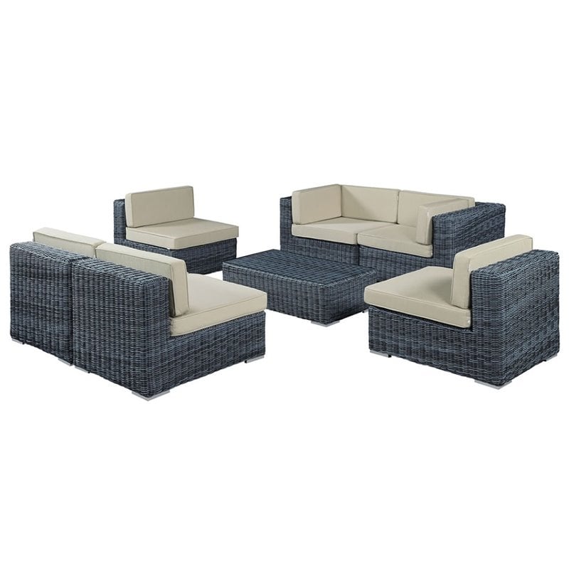 Modway Summon 7-Piece Aluminum and Rattan Patio Sectional Set in Canvas/Beige