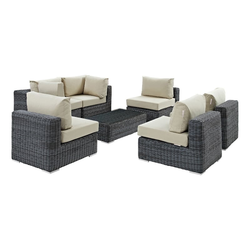 Modway Summon 7-Piece Aluminum and Rattan Patio Sectional Set in Canvas/Beige