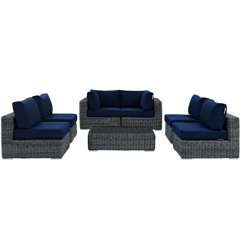 Modway Summon 7-Piece Aluminum and Rattan Patio Sectional Set in Canvas/Navy