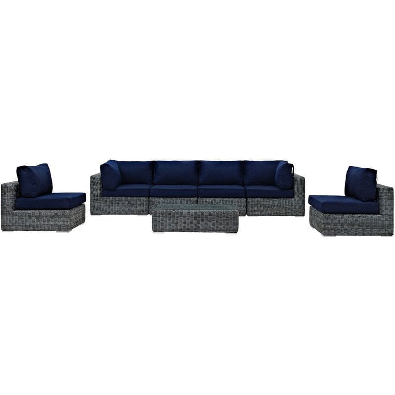 Modway Summon 7-Piece Aluminum and Rattan Patio Sectional Set in Canvas/Navy