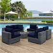 Modway Summon 7-Piece Aluminum and Rattan Patio Sectional Set in Canvas/Navy