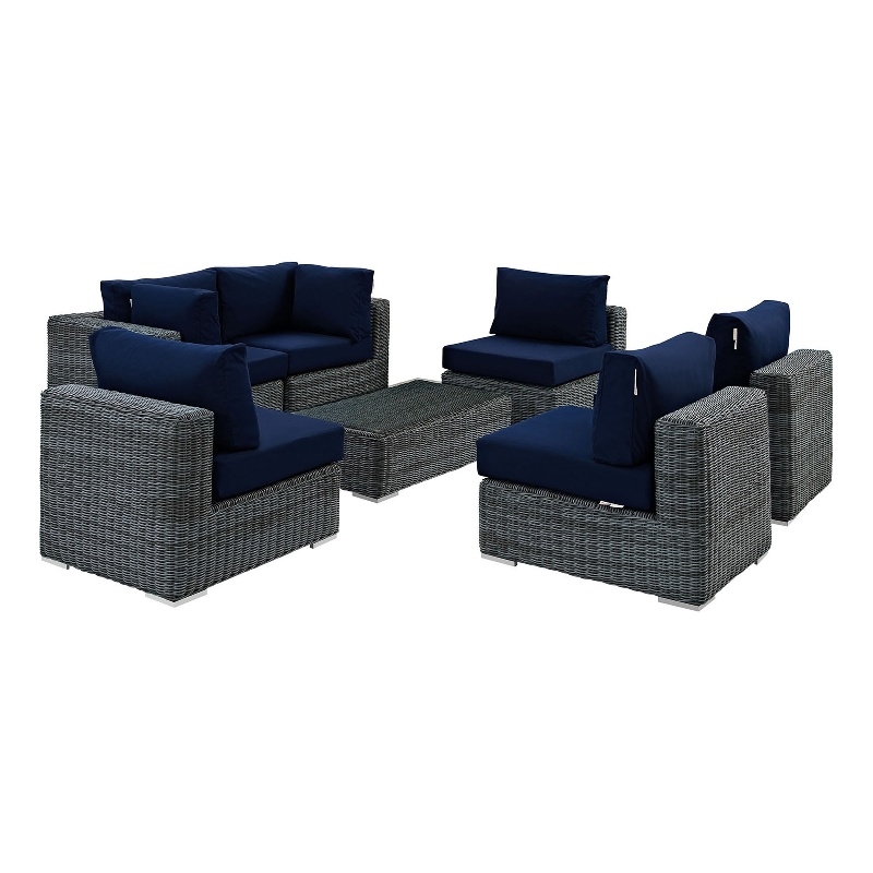 Modway Summon 7-Piece Aluminum and Rattan Patio Sectional Set in Canvas/Navy