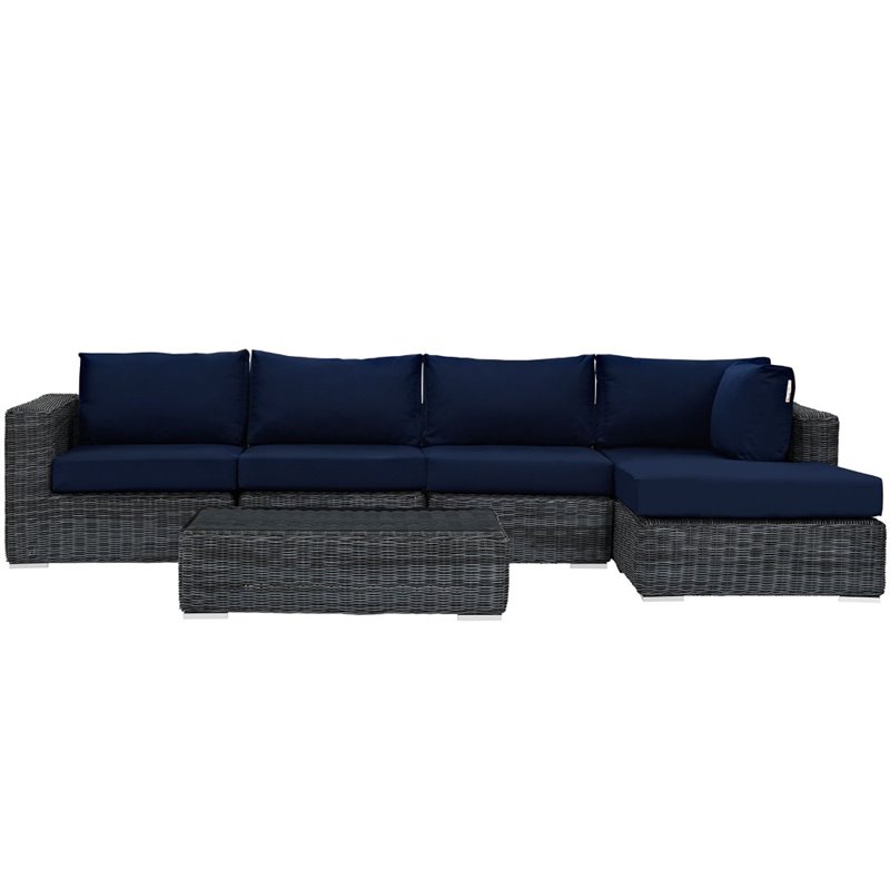 Modway Summon 5-Piece Aluminum Rattan Patio Sectional Set in Canvas/Navy