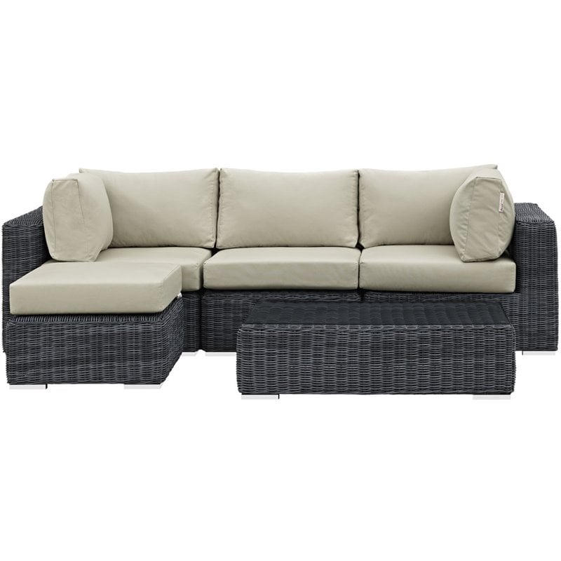 Modway Summon 5-Piece Aluminum and Rattan Patio Sectional Set in Canvas/Beige
