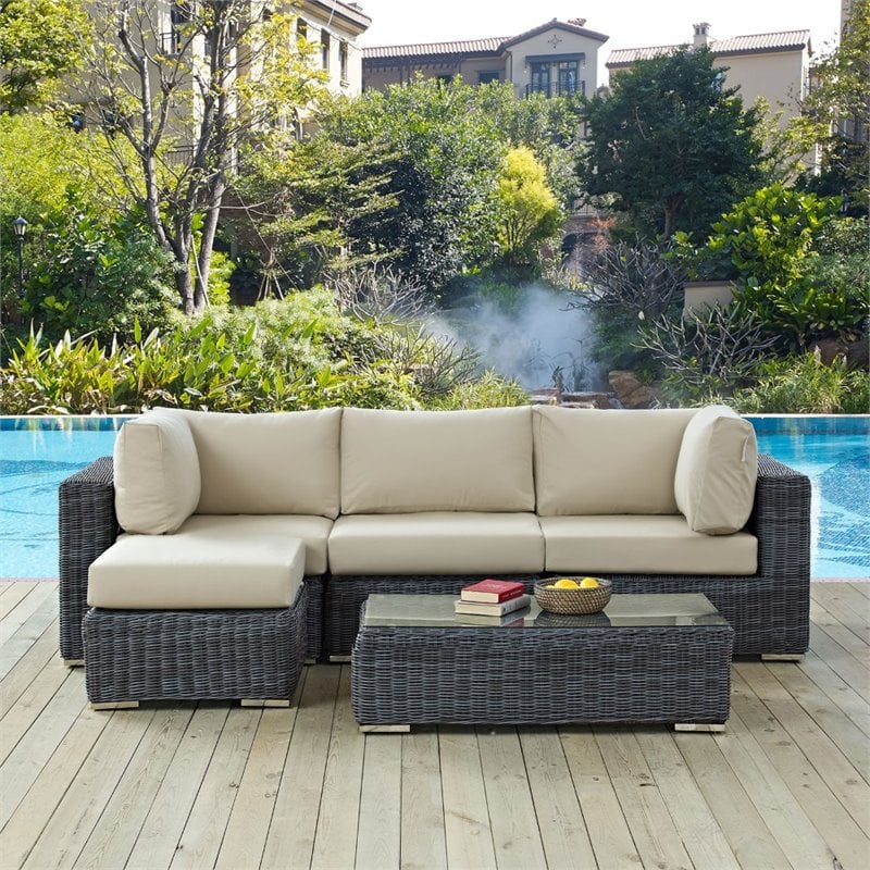 Modway Summon 5-Piece Aluminum and Rattan Patio Sectional Set in Canvas/Beige