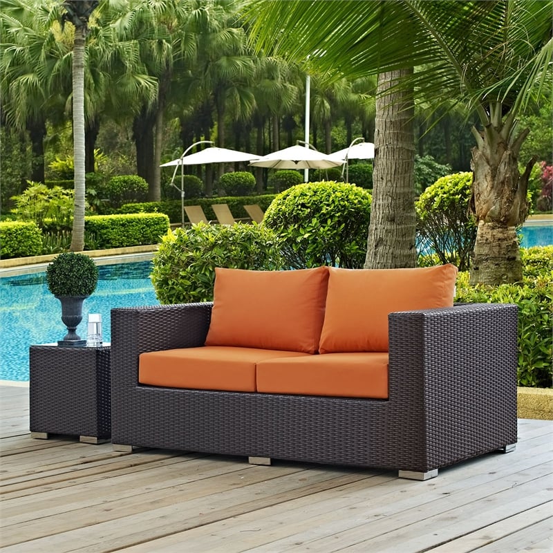 Modway Convene Aluminum and Rattan Patio Loveseat in Espresso/Orange