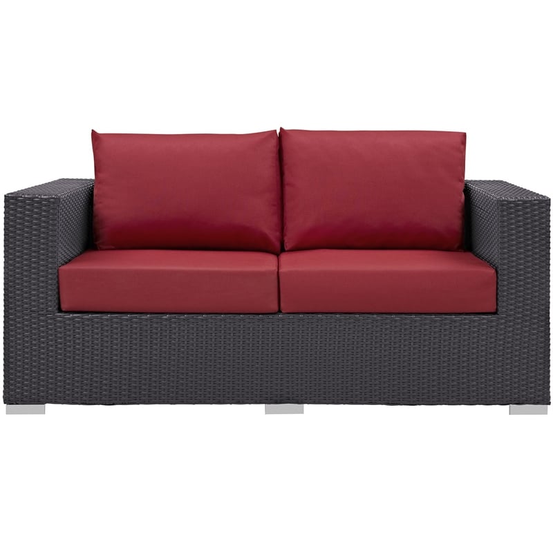 Modway Convene Aluminum and Rattan Patio Loveseat in Espresso/Red