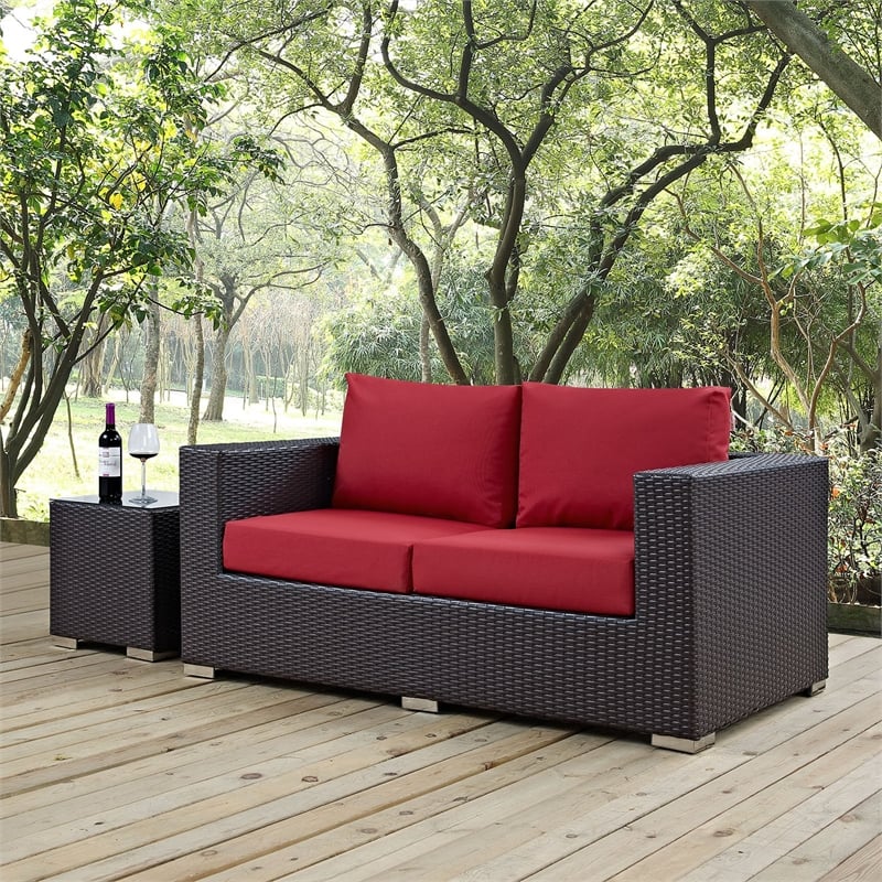 Modway Convene Aluminum and Rattan Patio Loveseat in Espresso/Red
