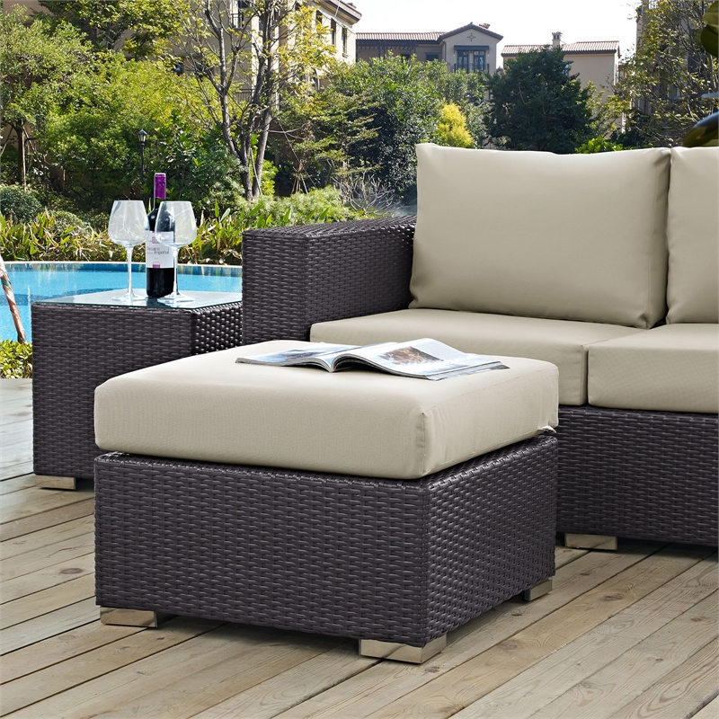 Modway Convene Square Fabric and Rattan Patio Ottoman in Espresso/Beige