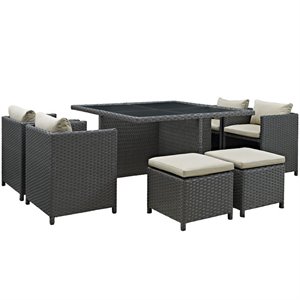 modway sojourn 9 piece glass top patio dining set in canvas beige