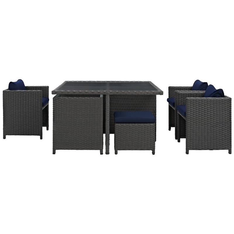 Modway Sojourn 9-Piece Aluminum and Rattan Patio Dining Set in Canvas/Navy