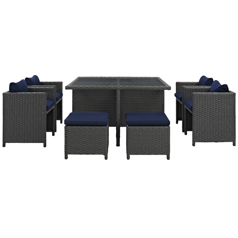 Modway Sojourn 9-Piece Aluminum and Rattan Patio Dining Set in Canvas/Navy