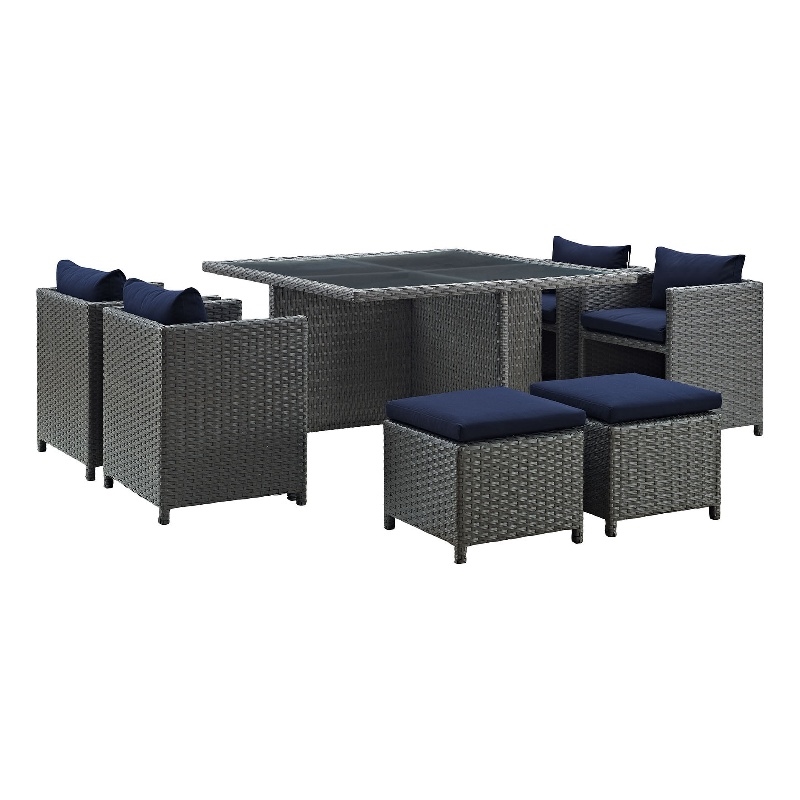 Modway Sojourn 9-Piece Aluminum and Rattan Patio Dining Set in Canvas/Navy