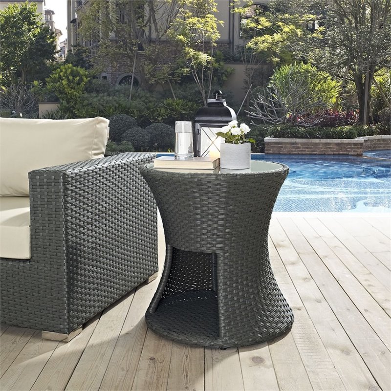 Modway Sojourn Round Aluminum and Rattan Patio Side Table in Chocolate