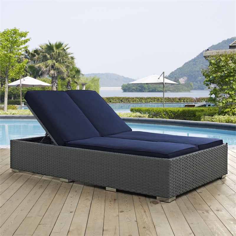 Modway Sojourn Aluminum and Rattan Patio Double Chaise in Chocolate/Navy