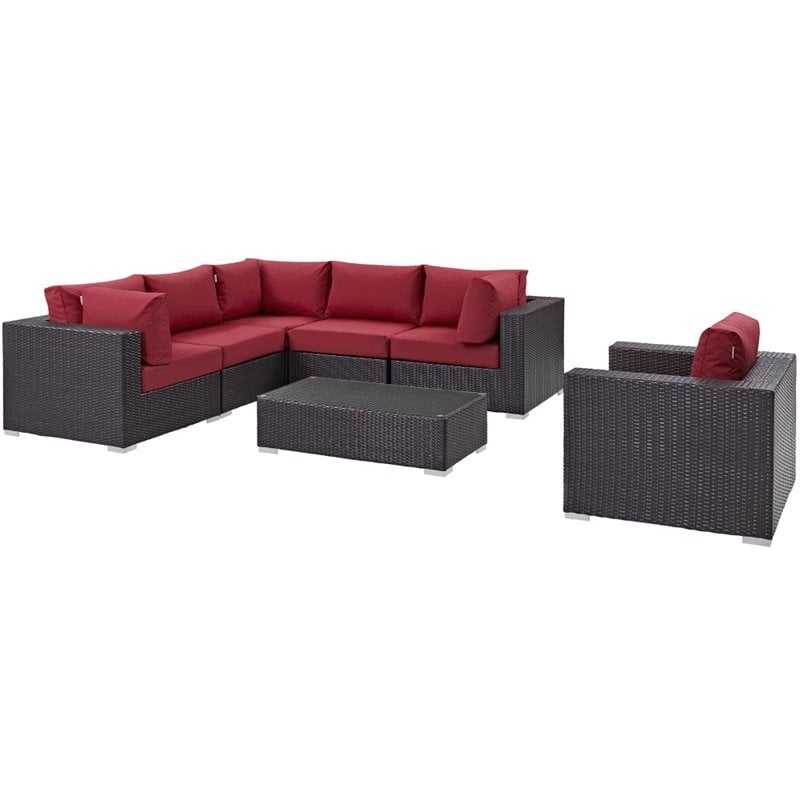 Modway Convene 7-Piece Aluminum and Rattan Patio Sectional Set - Espresso/Red