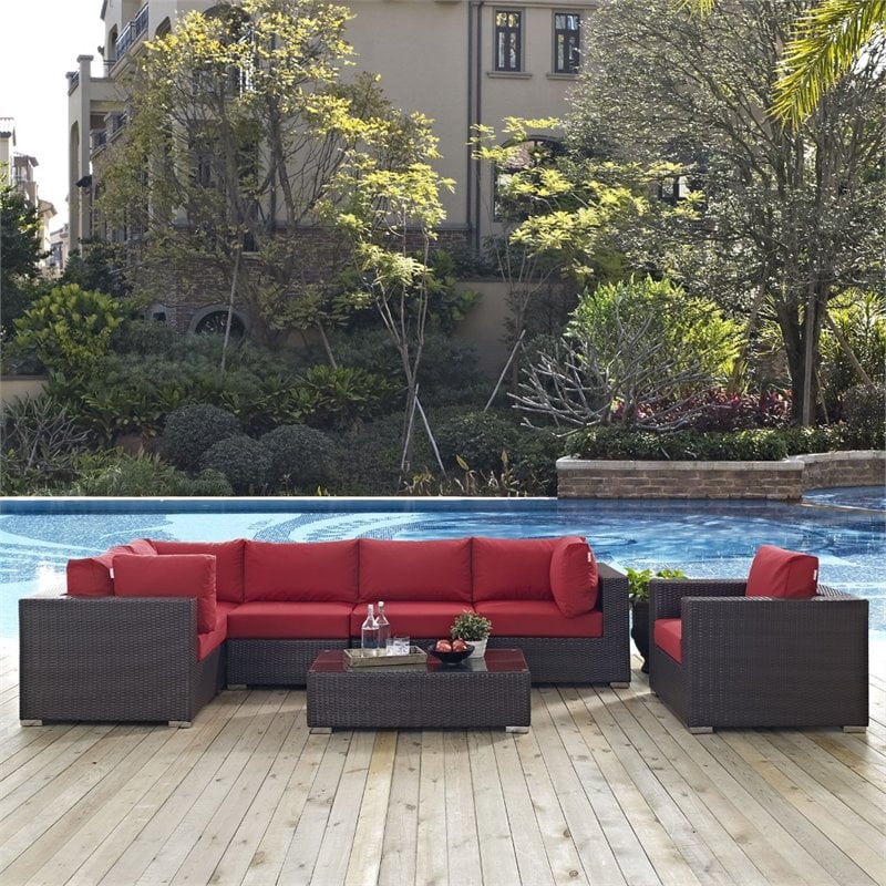 Modway Convene 7-Piece Aluminum and Rattan Patio Sectional Set - Espresso/Red