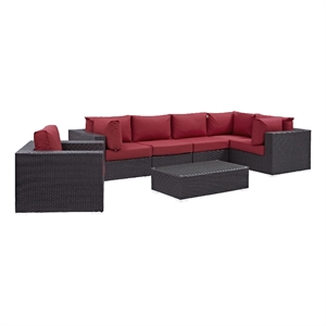 Modway Convene 7-Piece Aluminum and Rattan Patio Sectional Set - Espresso/Red