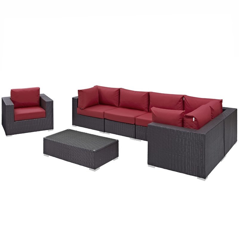 Modway Convene 7-Piece Aluminum and Rattan Patio Sectional Set - Espresso/Red
