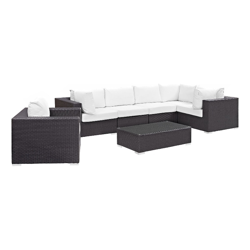Modway Convene 7-Piece Aluminum Rattan Patio Sectional Set in Espresso/White