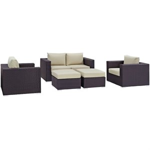 Modway Convene 5-Piece Aluminum and Rattan Patio Sofa Set in Espresso/Beige