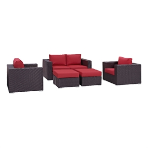 Modway Convene 5-Piece Aluminum and Rattan Patio Sofa Set in Espresso/Red
