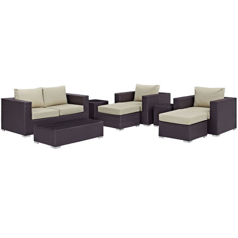 Modway Convene 8-Piece Aluminum and Rattan Patio Sofa Set in Espresso/Beige