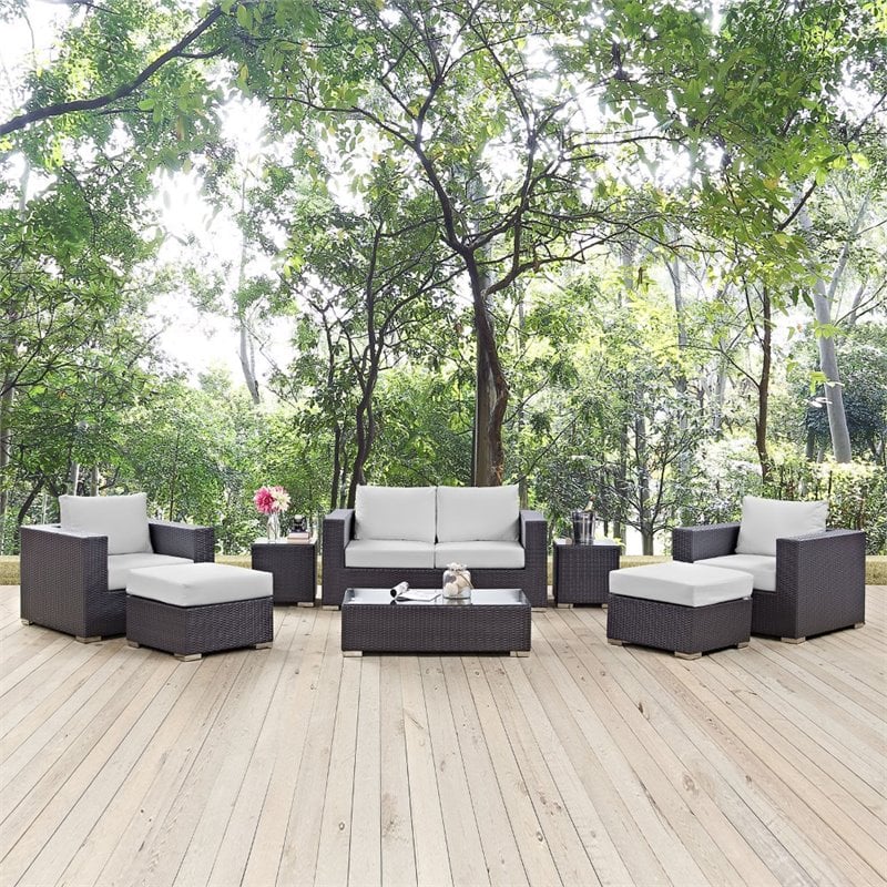 Modway Convene 8-Piece Aluminum and Rattan Patio Sofa Set in Espresso/White