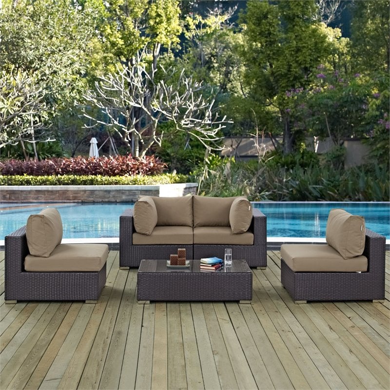 Modway Convene 5-Piece Aluminum and Rattan Patio Sectional Set - Espresso/Mocha