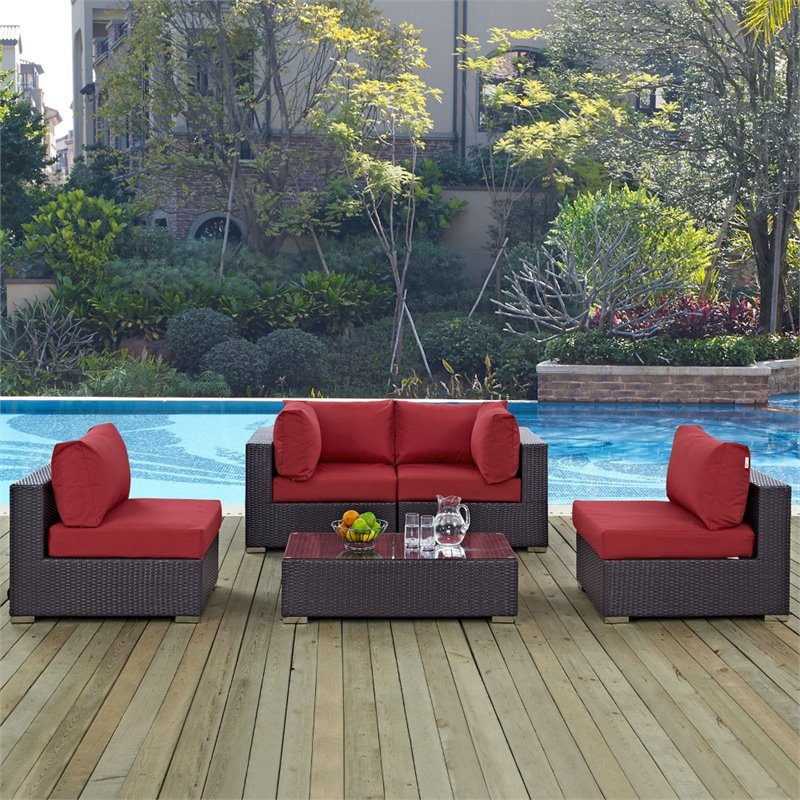 Modway Convene 5-Piece Aluminum and Rattan Patio Sectional Set - Espresso/Red