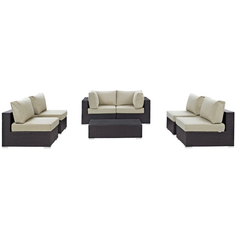 Modway Convene 7-Piece Aluminum & Rattan Patio Sectional Set in Espresso/Beige