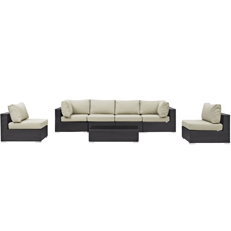 Modway Convene 7-Piece Aluminum & Rattan Patio Sectional Set in Espresso/Beige