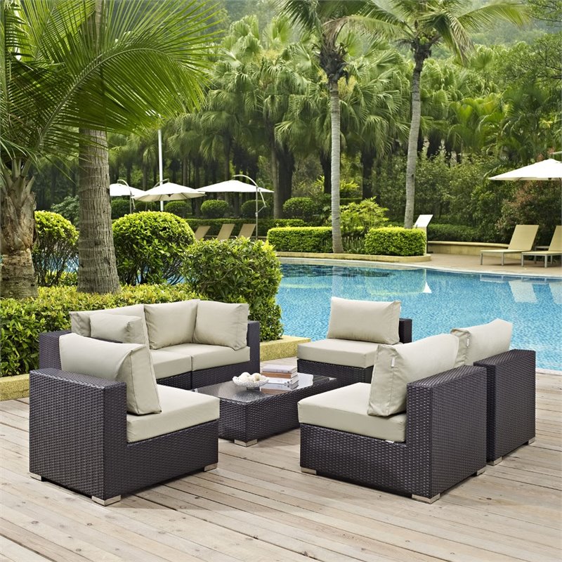 Modway Convene 7-Piece Aluminum & Rattan Patio Sectional Set in Espresso/Beige