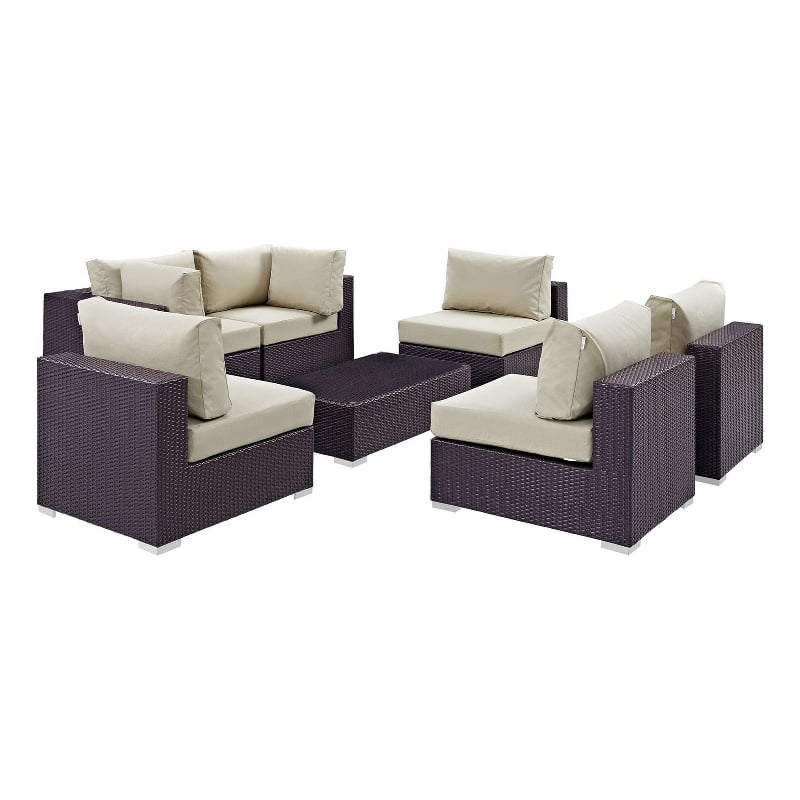 Modway Convene 7-Piece Aluminum & Rattan Patio Sectional Set in Espresso/Beige