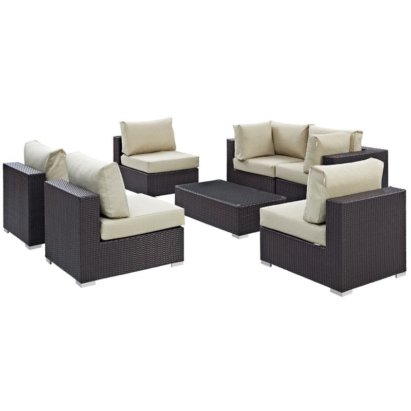 Modway Convene 7-Piece Aluminum & Rattan Patio Sectional Set in Espresso/Beige