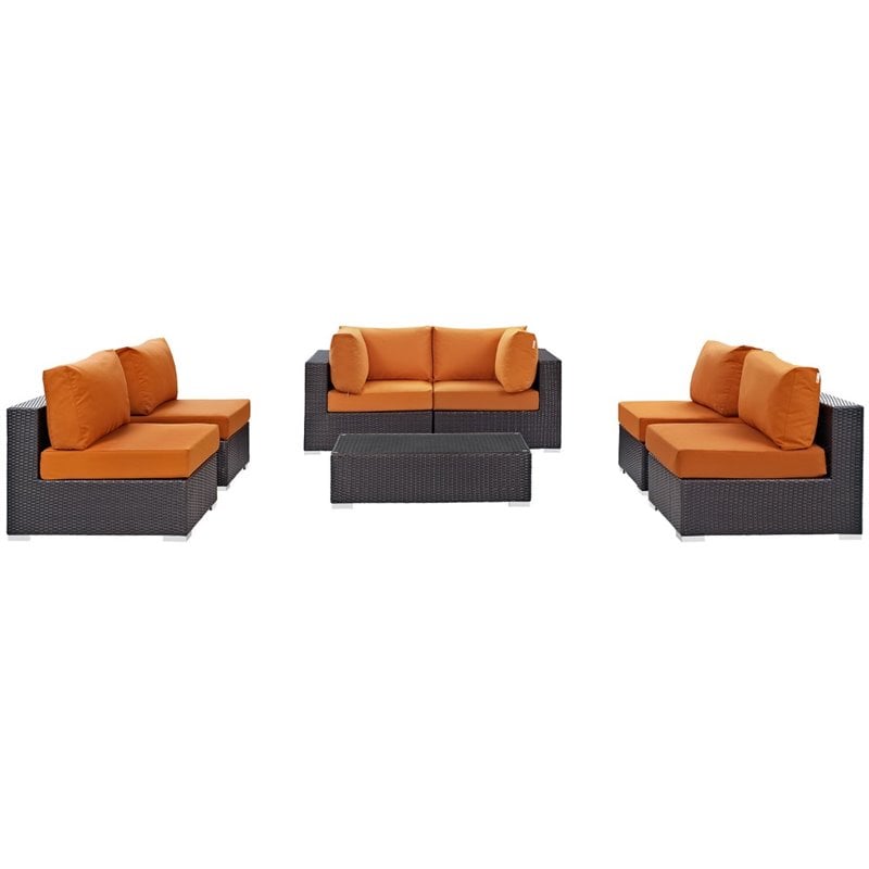 Modway Convene 7-Piece Aluminum Rattan Patio Sectional Set in Orange/Espresso