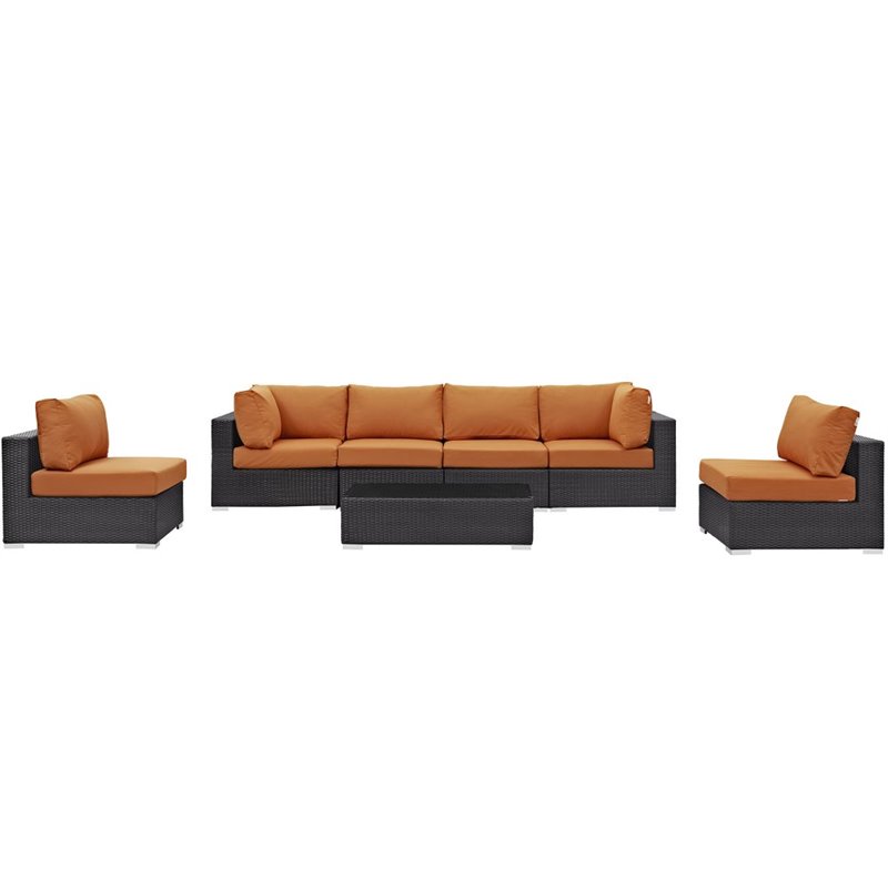 Modway Convene 7-Piece Aluminum Rattan Patio Sectional Set in Orange/Espresso