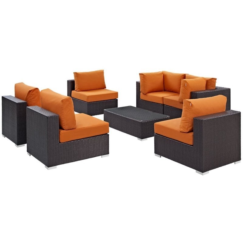 Modway Convene 7-Piece Aluminum Rattan Patio Sectional Set in Orange/Espresso