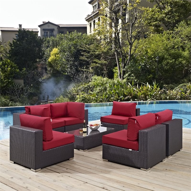 Modway Convene 7-Piece Aluminum & Rattan Patio Sectional Set in Espresso/Red