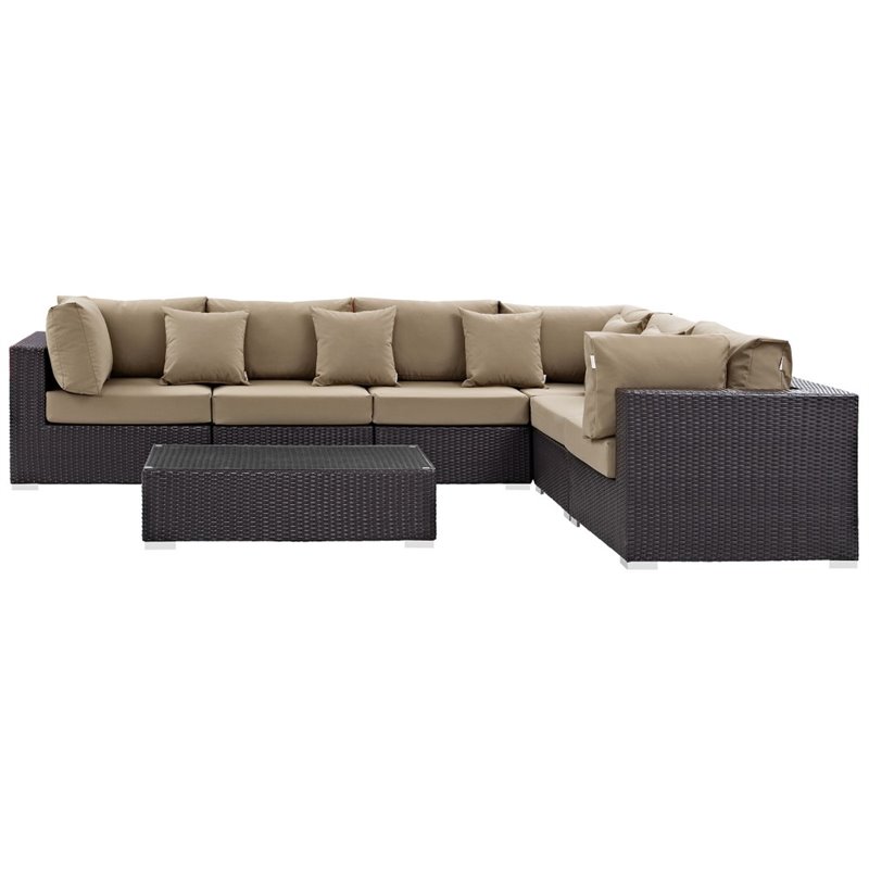 Modway Convene 7-Piece Aluminum and Rattan Patio Sectional Set in Mocha/Espresso