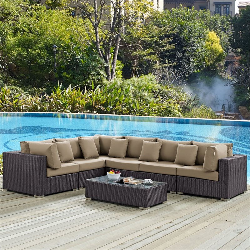 Modway Convene 7-Piece Aluminum and Rattan Patio Sectional Set in Mocha/Espresso