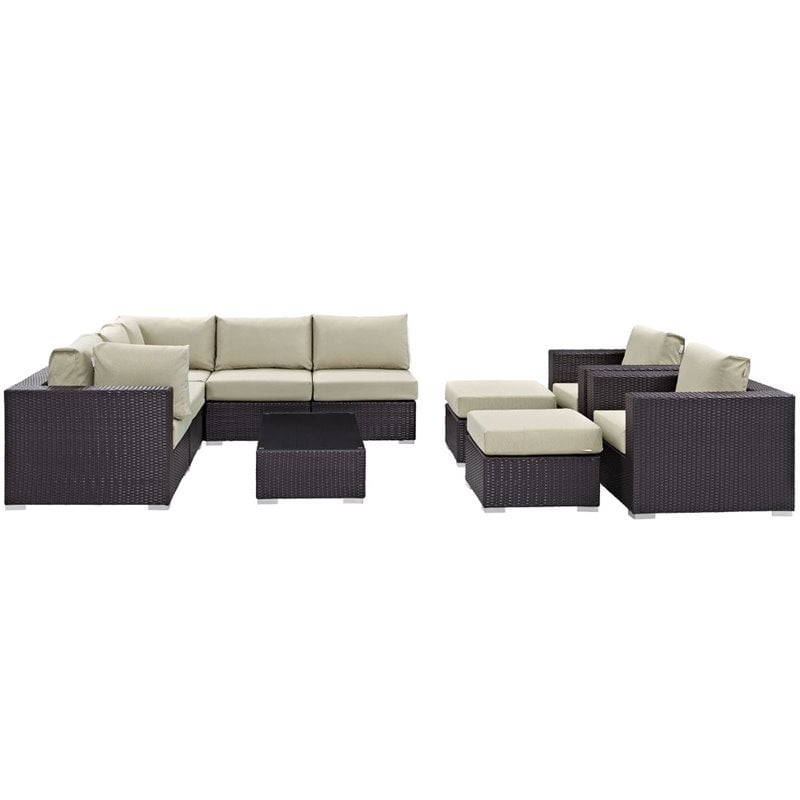Modway Convene 10-Piece Aluminum Rattan Patio Sectional Set in Espresso/Beige