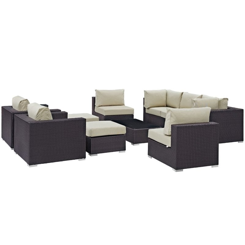 Modway Convene 10-Piece Aluminum Rattan Patio Sectional Set in Espresso/Beige