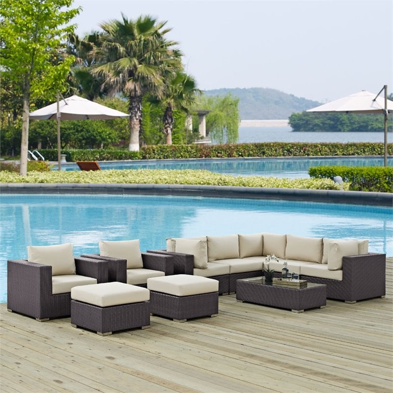 Modway Convene 10-Piece Aluminum Rattan Patio Sectional Set in Espresso/Beige