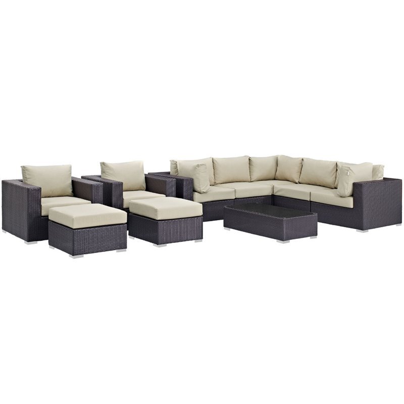 Modway Convene 10-Piece Aluminum Rattan Patio Sectional Set in Espresso/Beige
