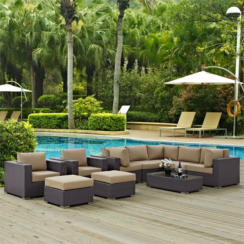 Modway Convene 10-Piece Aluminum Rattan Patio Sectional Set in Espresso/Mocha