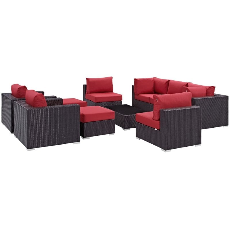 Modway Convene 10-Piece Aluminum and Rattan Patio Sectional Set in Espresso/Red