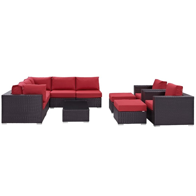 Modway Convene 10-Piece Aluminum and Rattan Patio Sectional Set in Espresso/Red