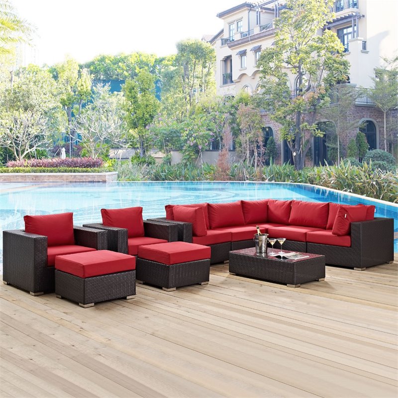 Modway Convene 10-Piece Aluminum and Rattan Patio Sectional Set in Espresso/Red